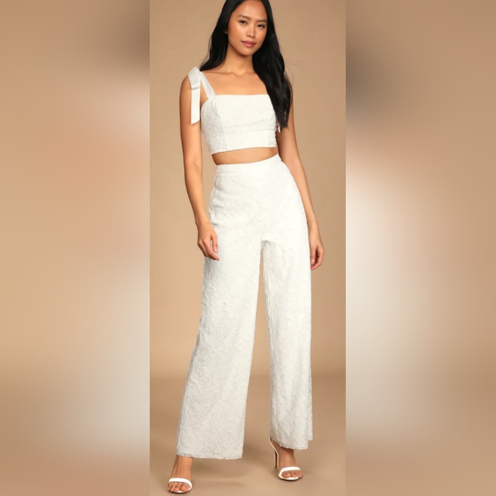 Lulu's My Love is True Bridal floral white lace dress pants trousers Size S